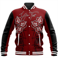 Red/black varsity jacket with hibiscus floral print, snap buttons, striped collar and cuffs