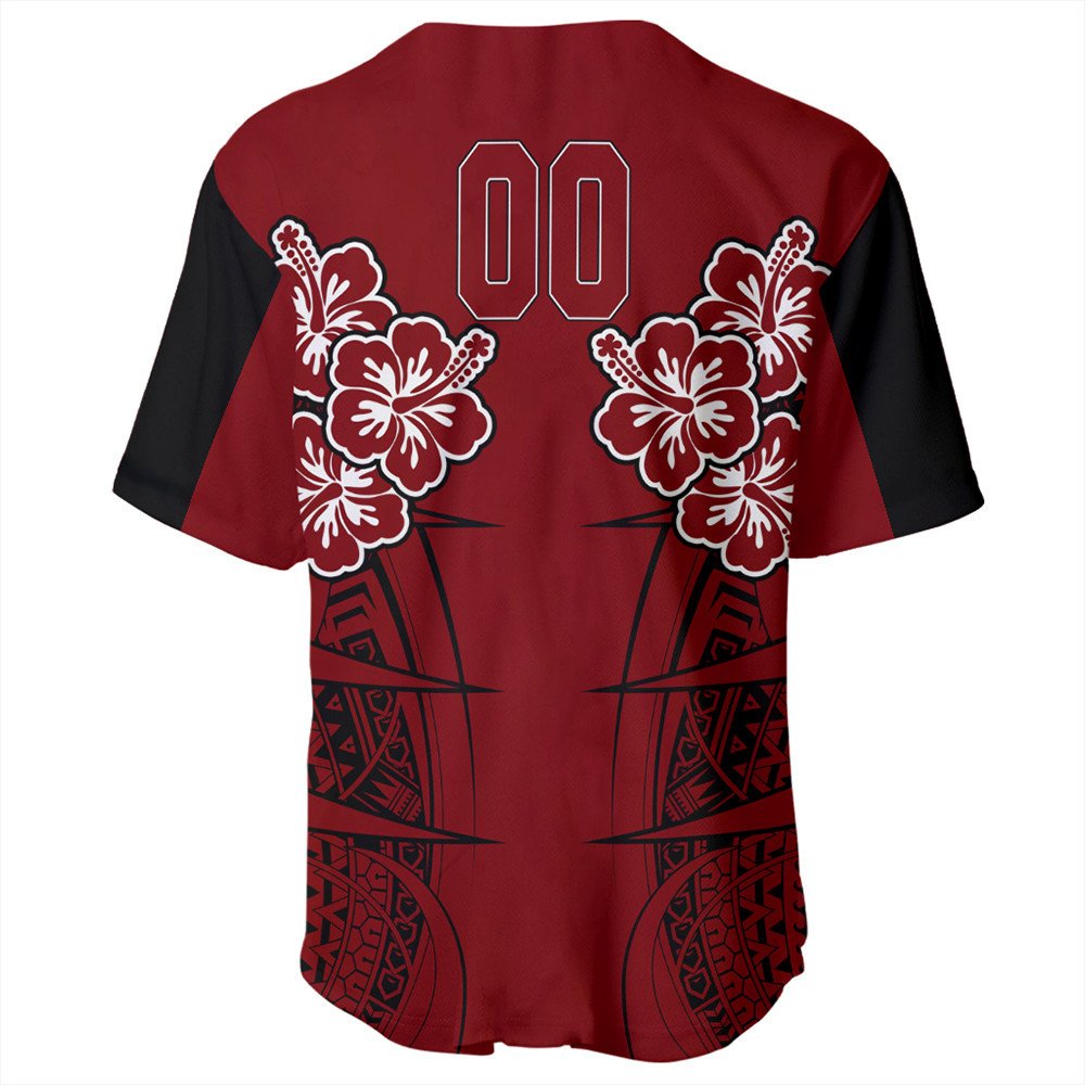 Red Polynesian baseball jersey back with 00 numbers and hibiscus floral print