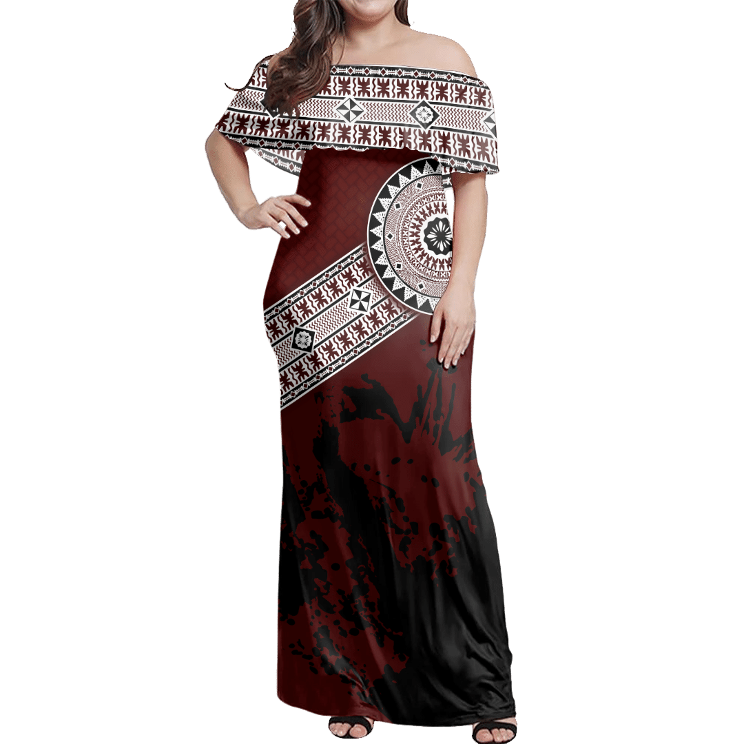 Polynesian Dress Polynesian Dress Fiji Masa Paint Style Off Shoulder Long Dress LT10