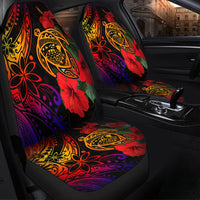 Polynesian turtle seat covers in red: black fabric with hibiscus & tribal patterns