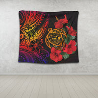 Hawaii turtle tapestry with red hibiscus flowers and ornate tribal scrollwork on dark fabric