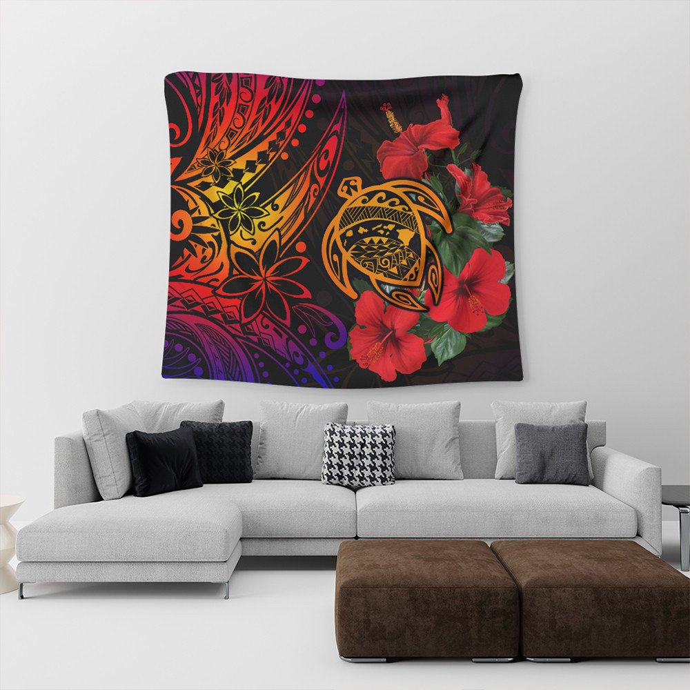 Red turtle and hibiscus floral tapestry with Polynesian patterns on dark background
