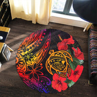 Round Polynesian turtle rug with red hibiscus blooms on dark base, orange-yellow patterns