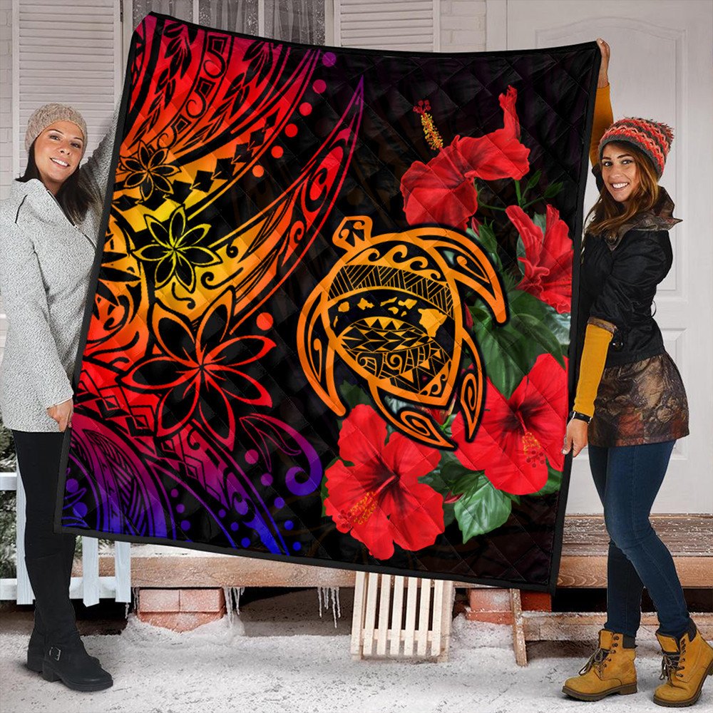 Red, black and orange turtle ocean quilt with hibiscus flowers and quilted stitching