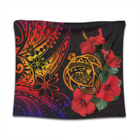 Dark Polynesian tapestry with gold turtle emblem and red hibiscus flowers