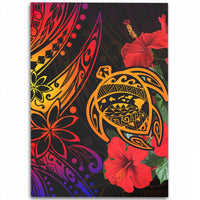 Red Hawaiian turtle and hibiscus area rug close-up of tribal swirl and sea turtle design