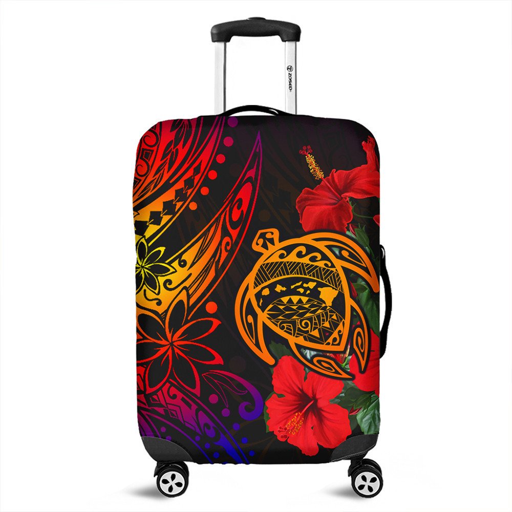 Suitcase cover: black with red hibiscus and turtle graphic, elastic