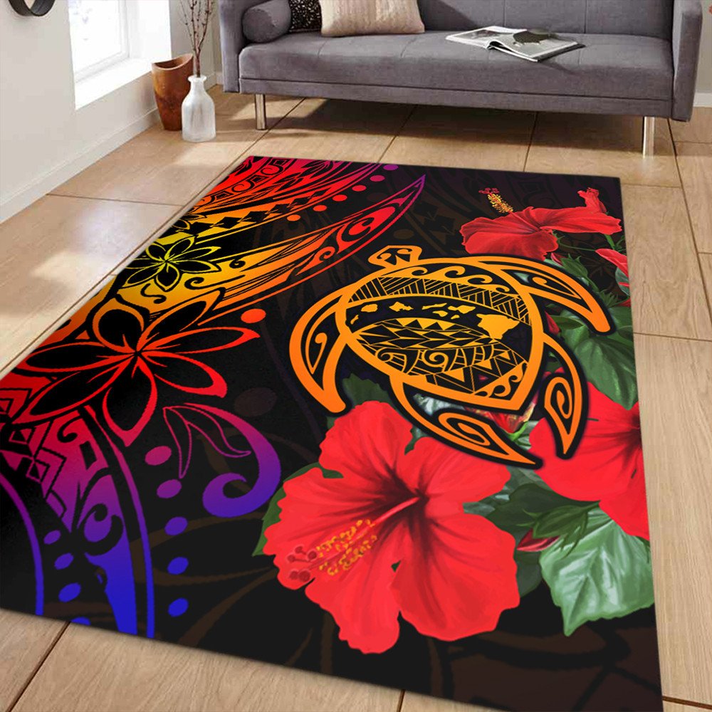 Red Hawaiian turtle & hibiscus area rug with bold tribal patterns, rectangular