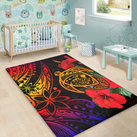 Red Hawaiian turtle & hibiscus area rug with colorful tribal motifs, rectangular