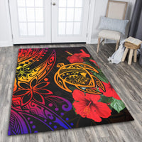 Red Hawaiian turtle and hibiscus print area rug with tribal swirls on dark background