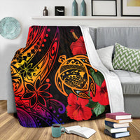 Red Hawaiian turtle ocean throw blanket with hibiscus and tribal swirl pattern, folded edge