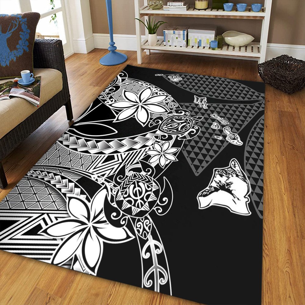 Black area rug with bold white hibiscus flowers, spirals, and stylized fish silhouettes