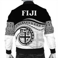 Back bomber jacket with FIJI logo and crest emblem centered, tribal patterned sleeves