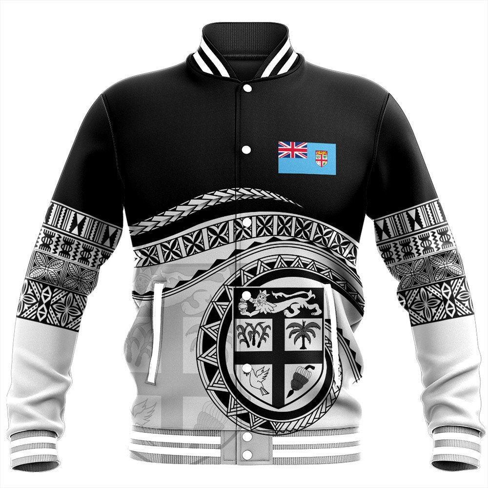 Black varsity baseball jacket with Fiji flag patch, tribal crest print, striped cuffs
