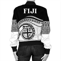 Back view bomber jacket with FIJI lettering, shield graphic and tribal bands
