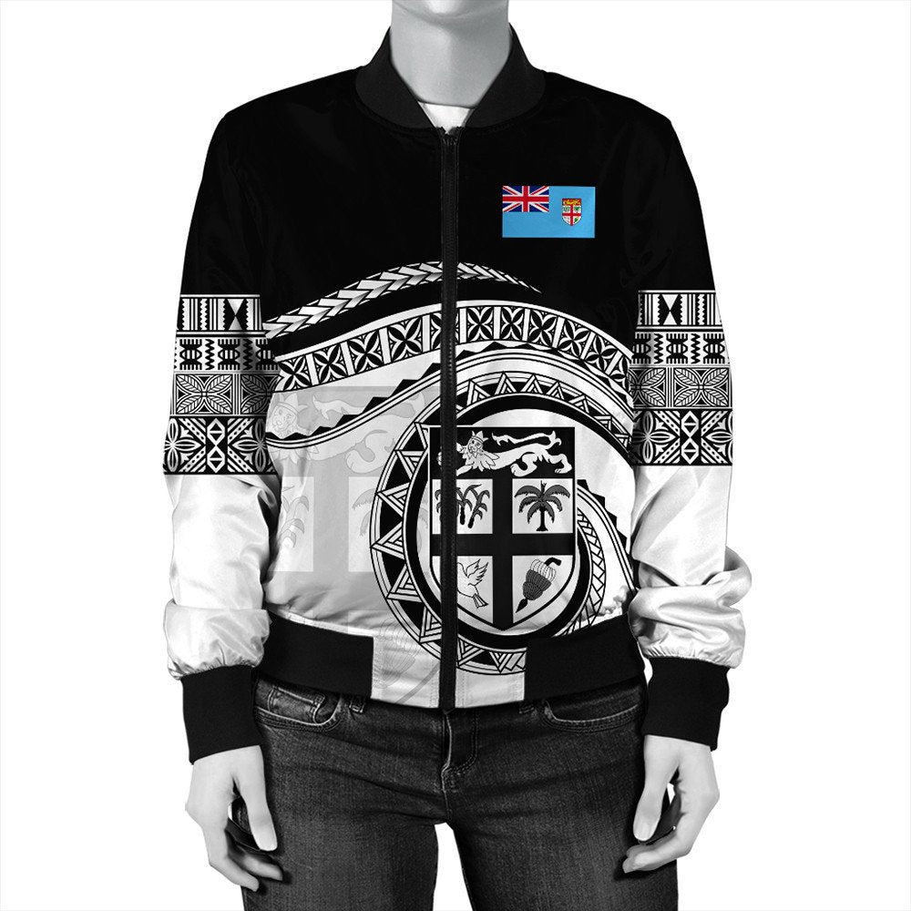 Black bomber jacket with Fiji emblem and tribal stripe print, full zip front
