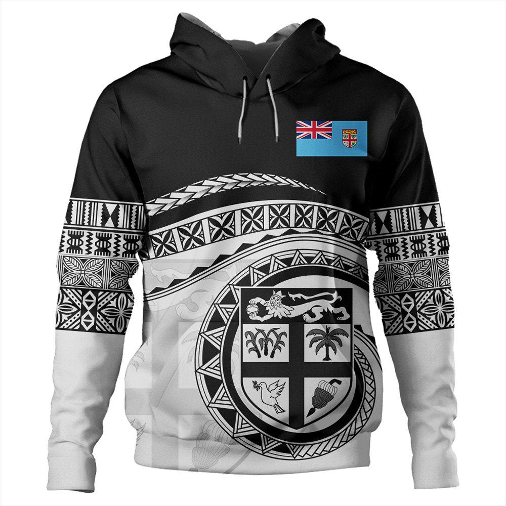 Black pullover hoodie with hood, drawstrings, and large Fiji crest graphic across chest