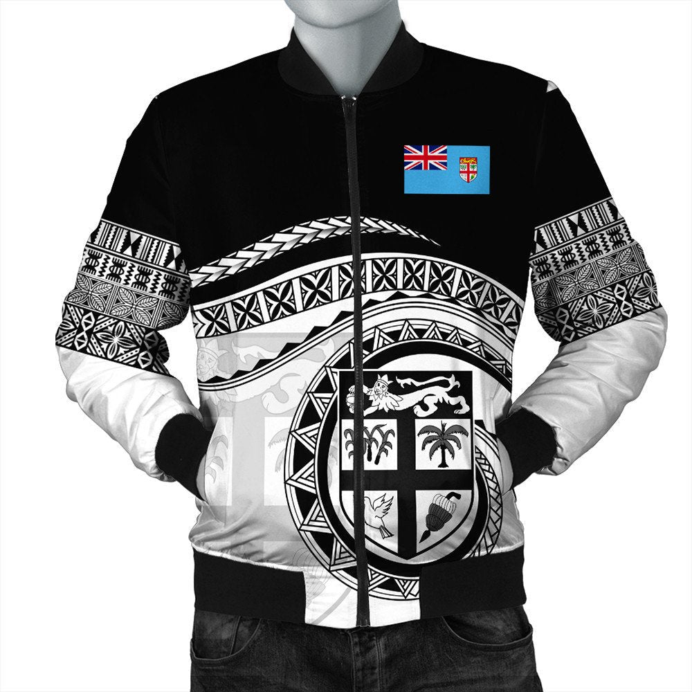 Front view black bomber jacket with Fiji flag patch and crest emblem, zip closure