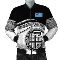 Front view black bomber jacket with Fiji flag patch and crest emblem, zip closure