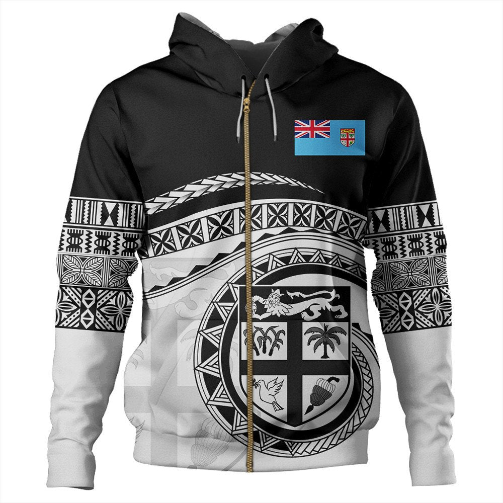 Black zip hoodie with tribal bands, shield crest graphic, and Fiji flag badge