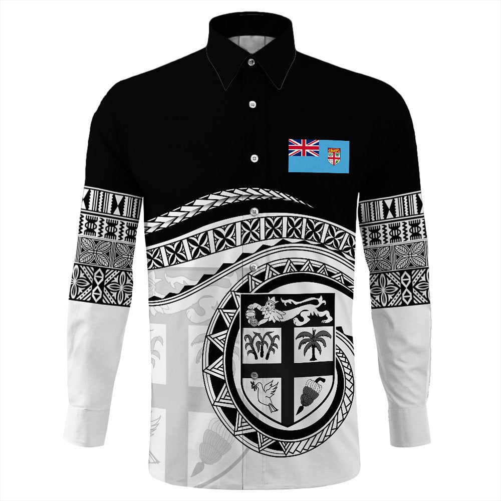 Black long-sleeve button shirt with Fiji crest and tribal border sleeves