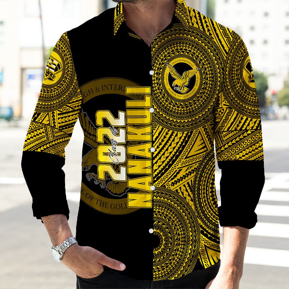 Black long-sleeve button Polynesian shirt with yellow/gold circular tribal print