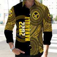 Black long-sleeve button Polynesian shirt with yellow/gold circular tribal print