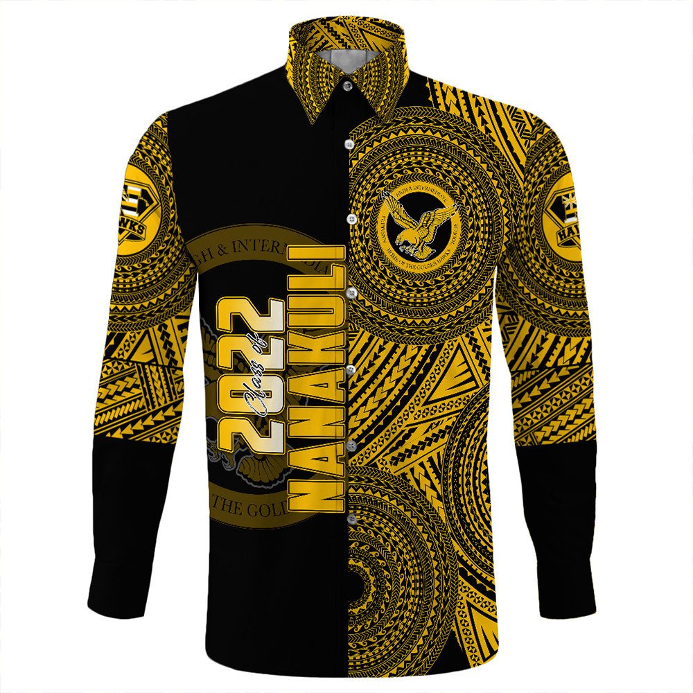 Front view: black long-sleeve button Hawaiian shirt with yellow/gold crest and lettering