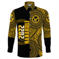 Front view: black long-sleeve button Hawaiian shirt with yellow/gold crest and lettering