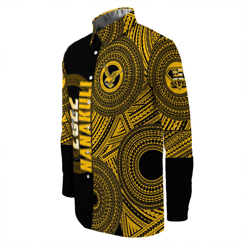 Back view: black long-sleeve button Hawaiian shirt with large yellow/gold tribal print