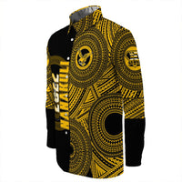 Back view: black long-sleeve button Hawaiian shirt with large yellow/gold tribal print