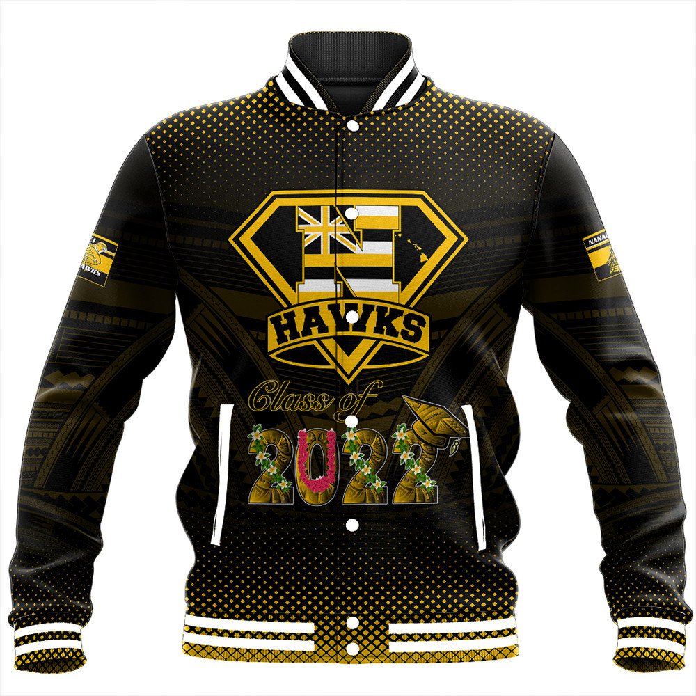 Black baseball jacket with gold Hawaii-style graphic, varsity crest, and striped cuffs