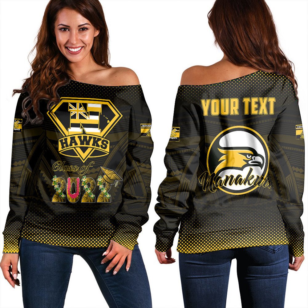Black off-shoulder women’s sweatshirt with hawks crest and personalized Hawaii text