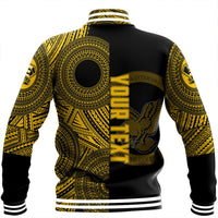Back of black varsity jacket with large gold emblem and Polynesian tribal print