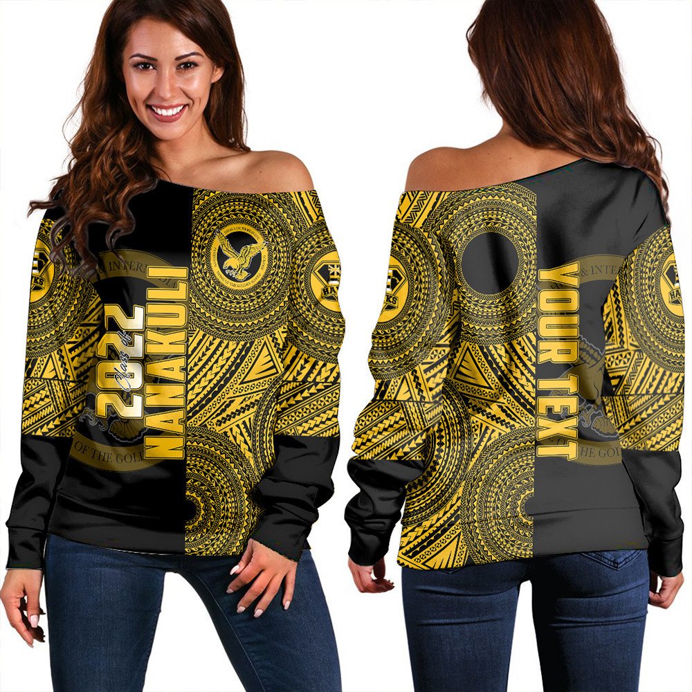 Black off-shoulder sweatshirt with Polynesian gold and green circular graphic, long sleeves