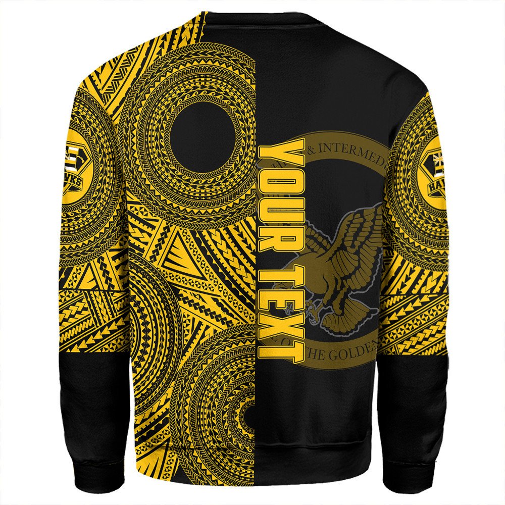 Black unisex sweatshirt with gold Polynesian back print and vertical gold text