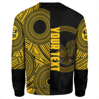 Black unisex sweatshirt with gold Polynesian back print and vertical gold text