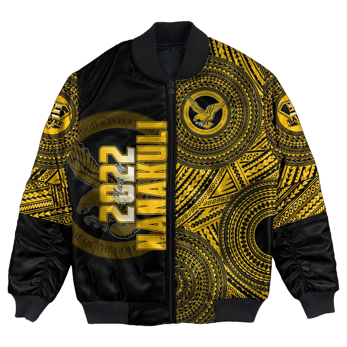Personalized black bomber jacket with gold Polynesian print and front zip pocket details