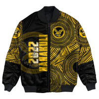 Personalized black bomber jacket with gold Polynesian print and front zip pocket details