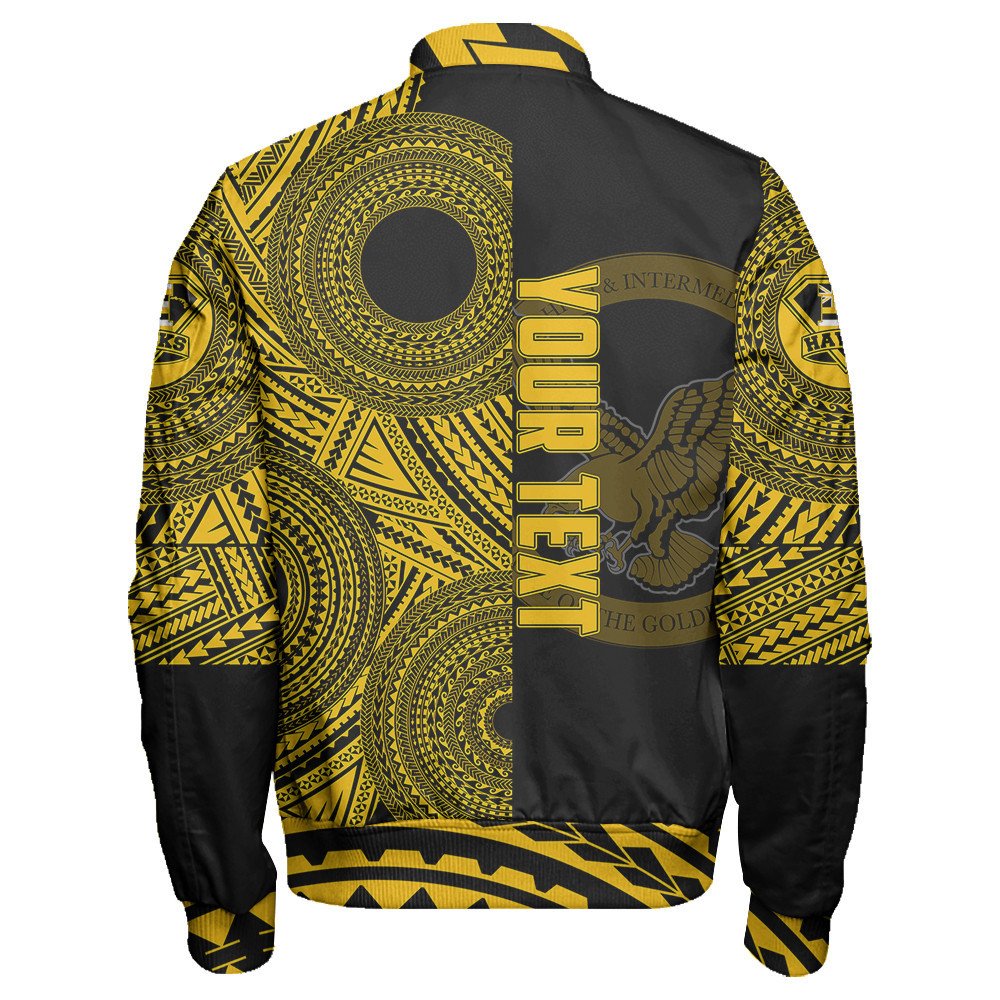 Unisex black zip bomber jacket, back view, with gold Polynesian print and vertical text