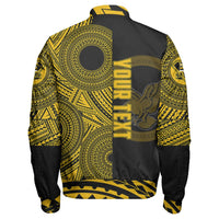 Unisex black zip bomber jacket, back view, with gold Polynesian print and vertical text