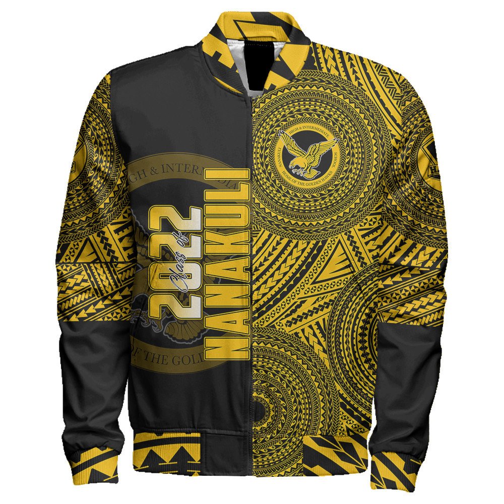 Unisex black zip bomber jacket with yellow tribal print and logo graphic