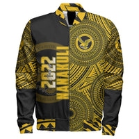 Unisex black zip bomber jacket with yellow tribal print and logo graphic