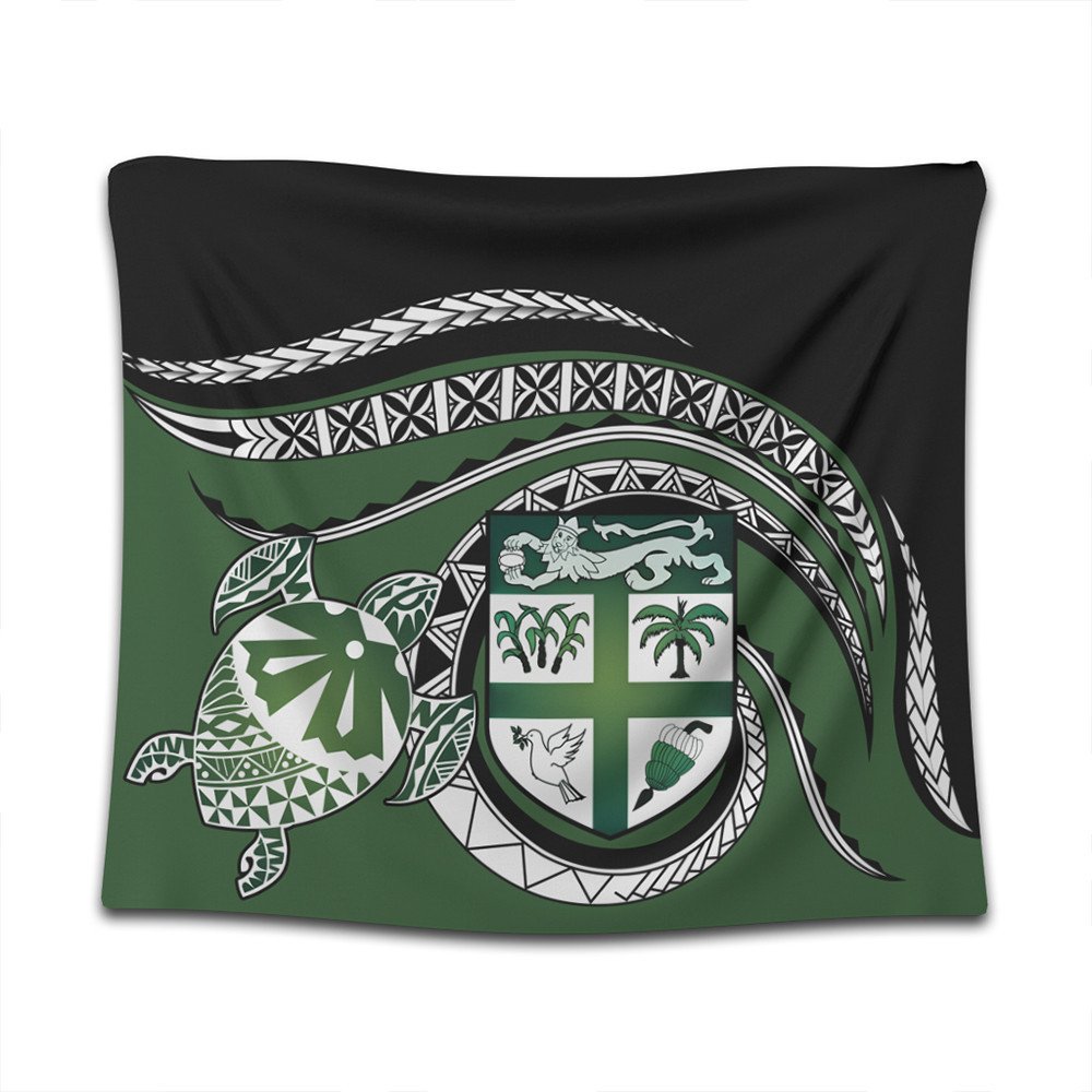 Close view green turtle tapestry featuring ornate crest shield, palms, and black-and-white waves
