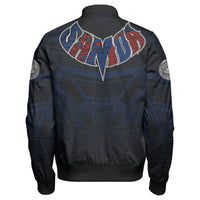 Back view black bomber jacket with large Polynesian V-shaped graphic in blue and red