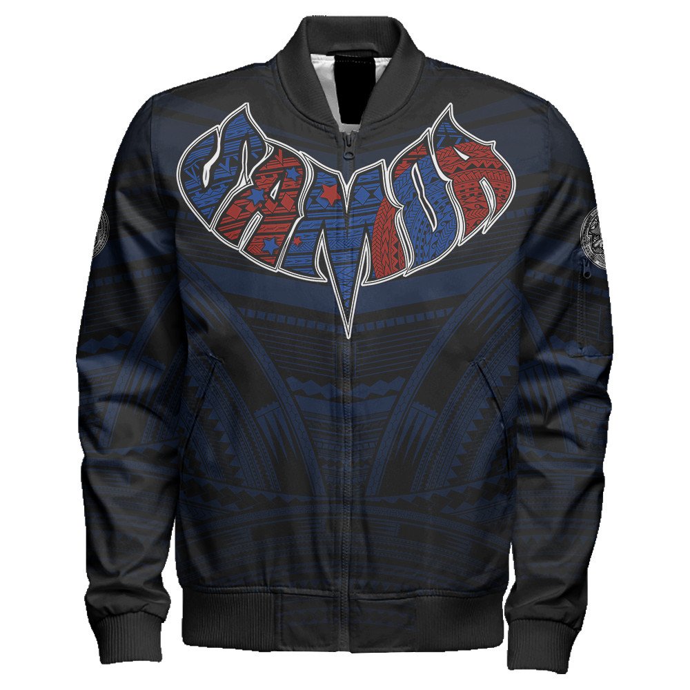 Black zip-front bomber jacket with Polynesian tribal graphic in blue and red