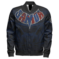 Black zip-front bomber jacket with Polynesian tribal graphic in blue and red