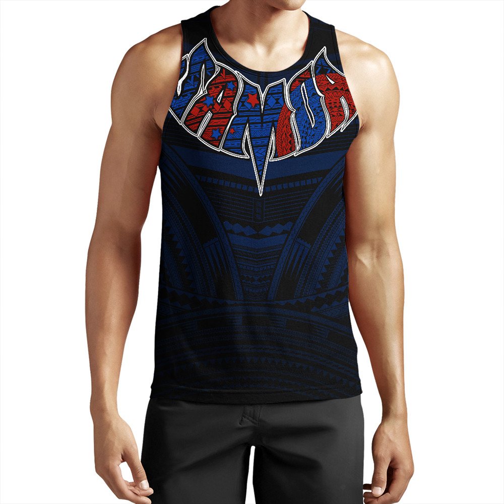 Black sleeveless tank top with large Polynesian-style graphic print at chest, crew neck