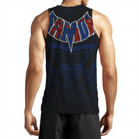 Black sleeveless tank top back view with large Polynesian-style graphic print, crew neck