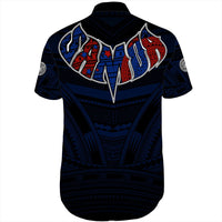 Unisex short-sleeve Polynesian shirt back, navy with red/blue tribal crest design